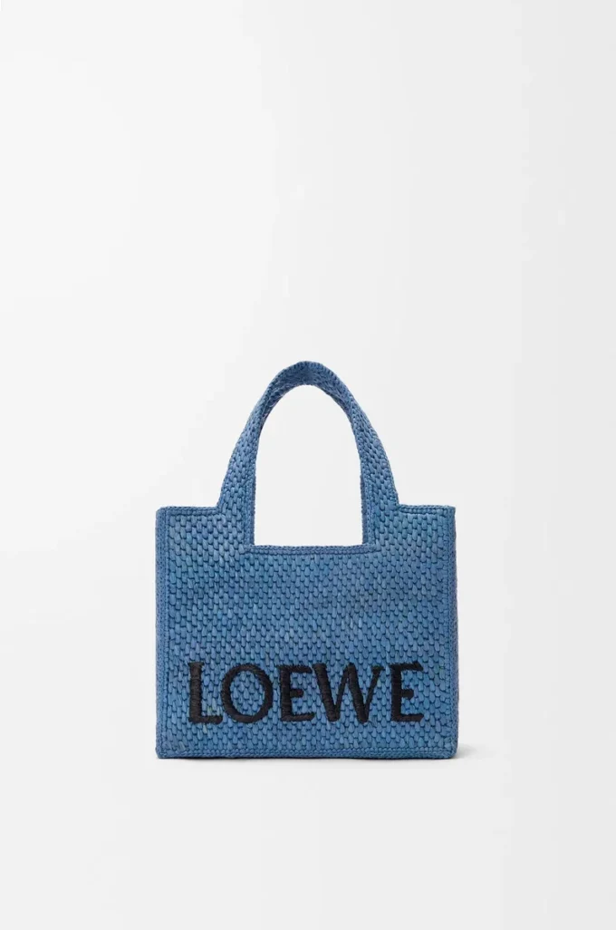 Mini LOEWE Font Tote aus Raffia Hellblau