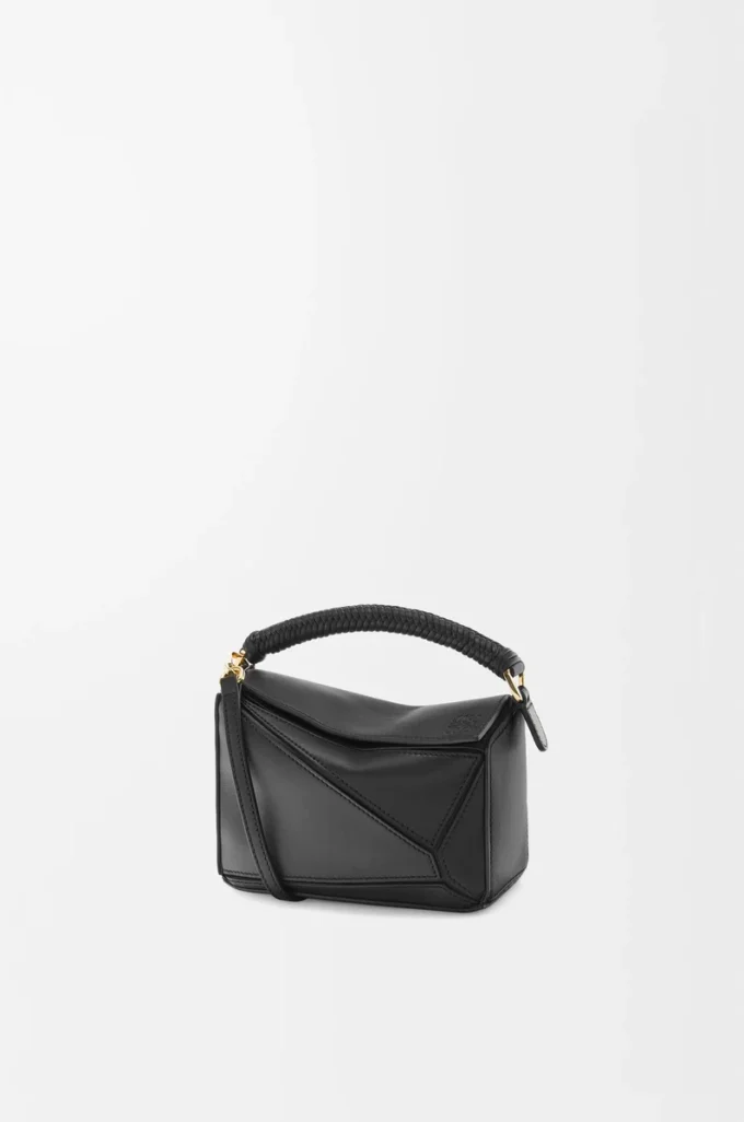 Mini Puzzle Tasche aus glattem Kalbsleder Schwarz
