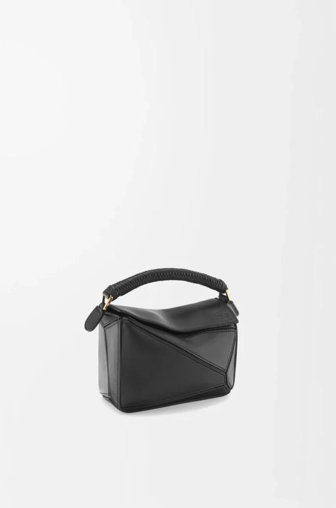 Mini Puzzle Tasche aus glattem Kalbsleder Schwarz