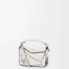 Mini-Puzzle-Tasche „Futurist Cat” aus klassischem Kalbsleder in Soft White