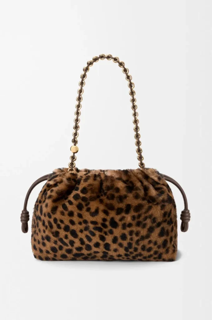 Mittlere Flamenco-Handtasche aus bedrucktem Lammfell Beige/Braun