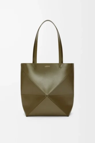 Mittlere Puzzle Fold-Tasche aus glänzendem Kalbsleder in Dark Khaki
