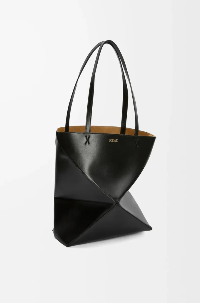 Mittlere Puzzle Fold-Tasche aus glänzendem Kalbsleder in Schwarz