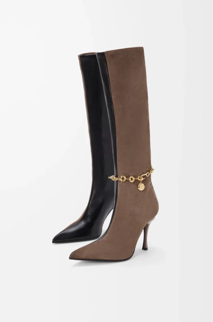 Neue Comic-Stiefel aus Stretch-Lammleder und Wildleder Schwarz/Zigarre