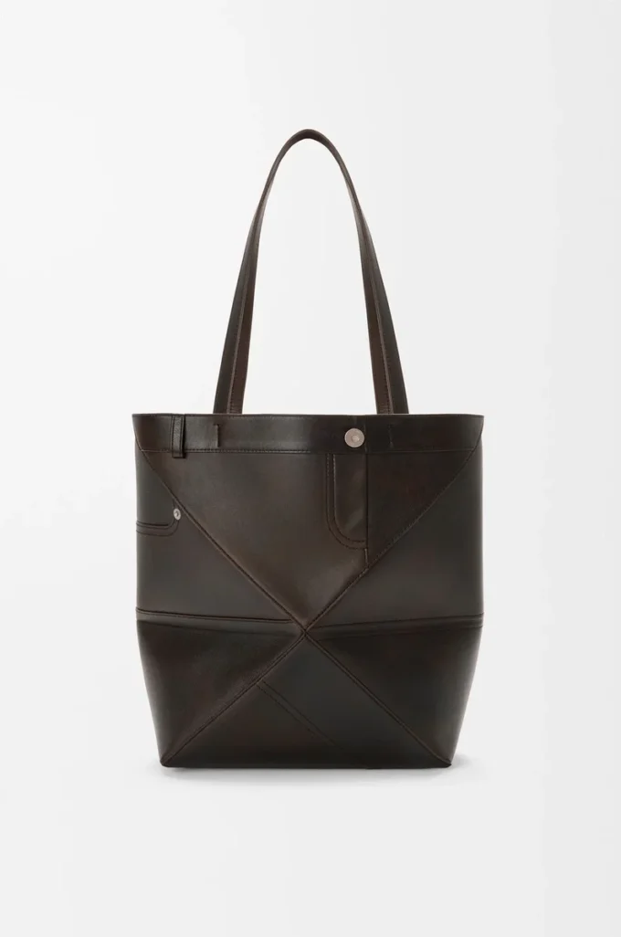 Panta Medium Puzzle Fold Tote aus glänzendem Kalbsleder in Vintage Brown