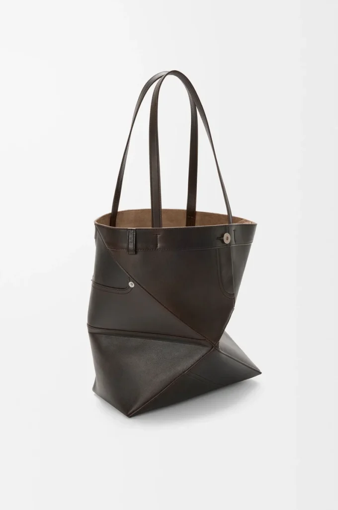 Panta Medium Puzzle Fold Tote aus glänzendem Kalbsleder in Vintage Brown
