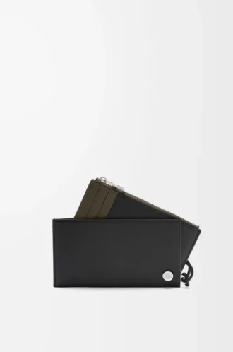 Pebble Slider Münzkartenetui aus glänzendem Nappakalbsleder in Schwarz/Dunkelkhaki