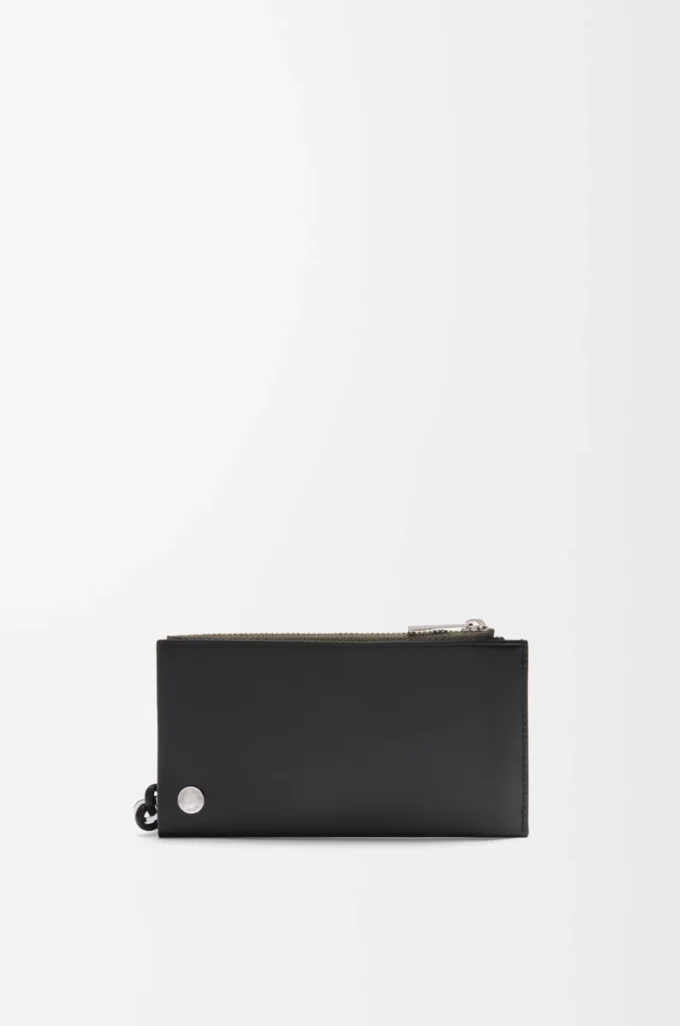 Pebble Slider Münzkartenetui aus glänzendem Nappakalbsleder in Schwarz/Dunkelkhaki