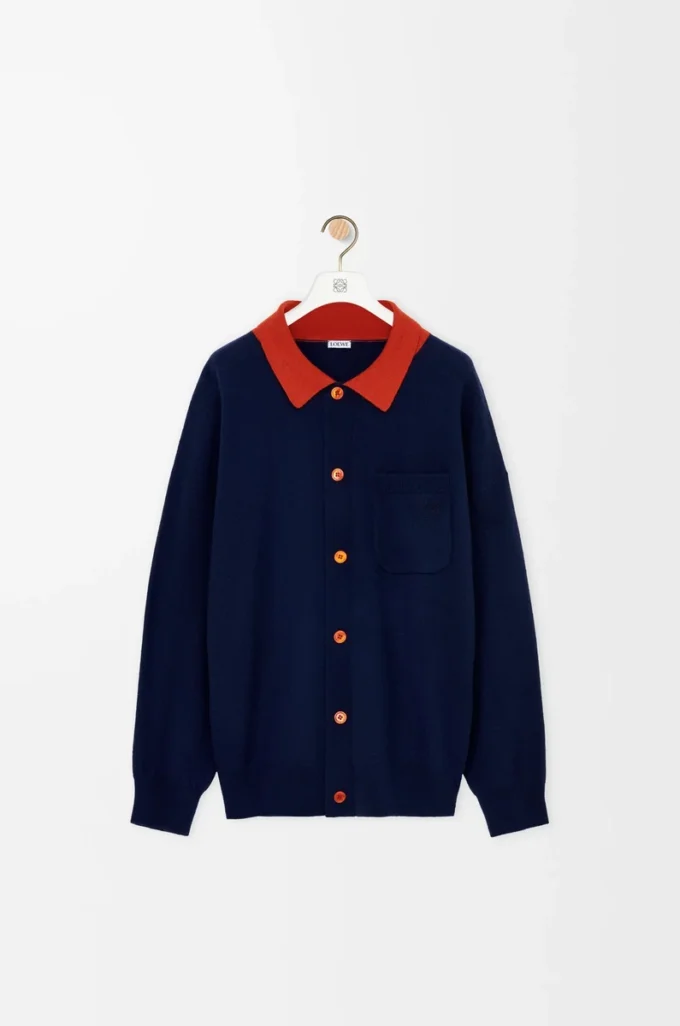 Polo-Strickjacke aus Wolle Marineblau/Orange