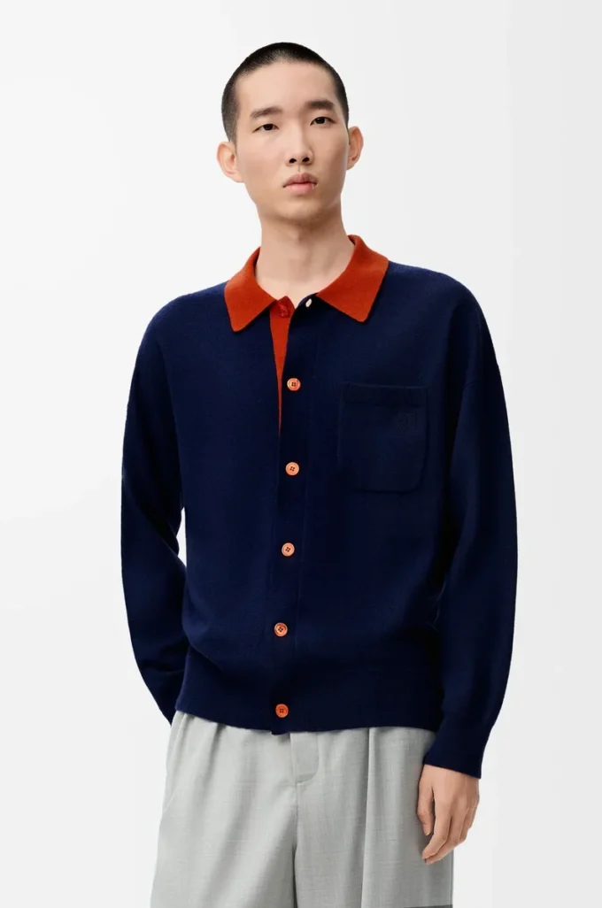 Polo-Strickjacke aus Wolle Marineblau/Orange