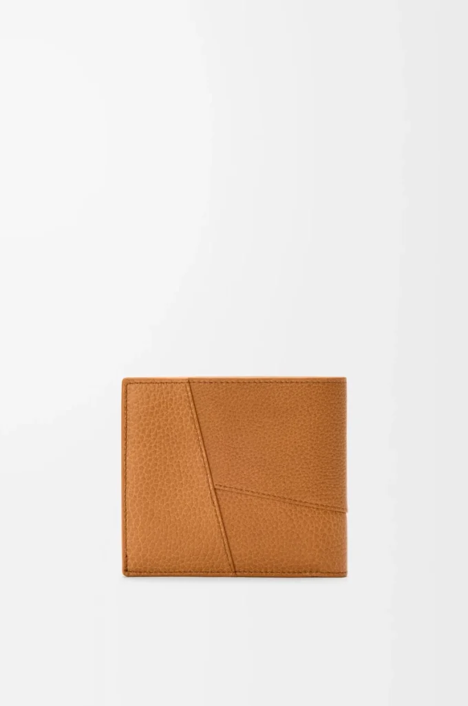 Puzzle-Bifold-Geldbörse aus geschmeidigem genarbtem Kalbsleder in Hellbraun