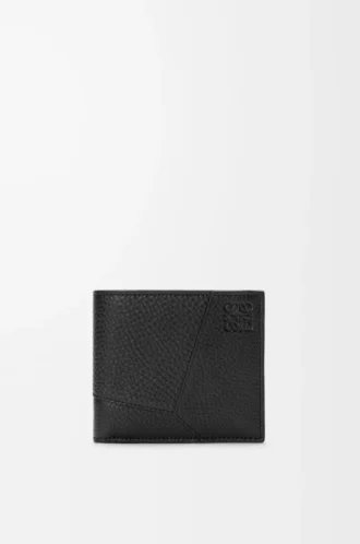 Puzzle-Bifold-Geldbörse aus geschmeidigem genarbtem Kalbsleder Schwarz