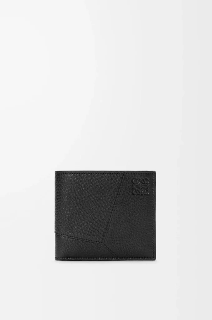 Puzzle-Bifold-Geldbörse aus geschmeidigem genarbtem Kalbsleder Schwarz