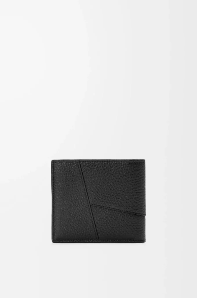 Puzzle-Bifold-Geldbörse aus geschmeidigem genarbtem Kalbsleder Schwarz