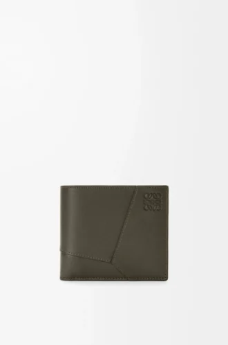 Puzzle-Bifold-Geldbörse aus klassischem Kalbsleder in Dunkelkhaki