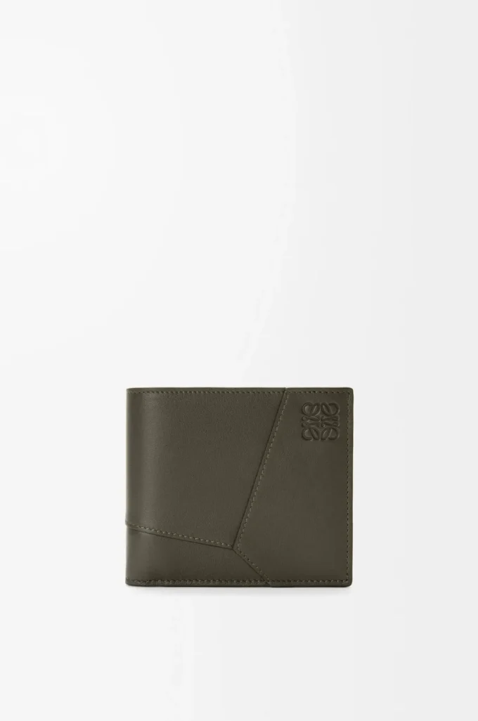 Puzzle-Bifold-Geldbörse aus klassischem Kalbsleder in Dunkelkhaki