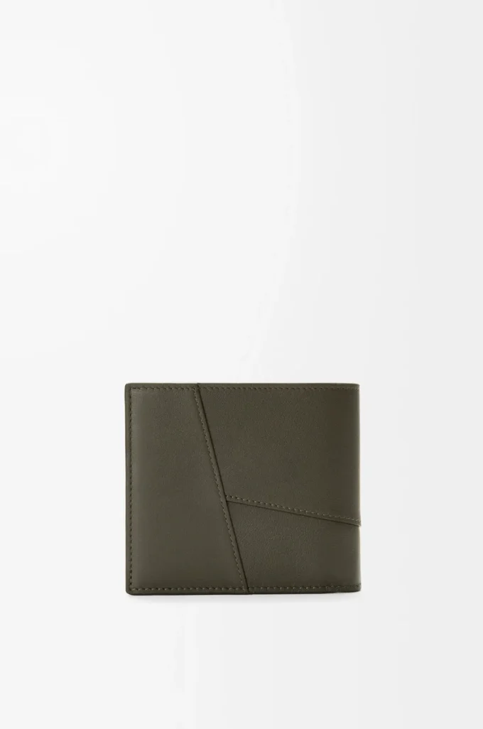 Puzzle-Bifold-Geldbörse aus klassischem Kalbsleder in Dunkelkhaki