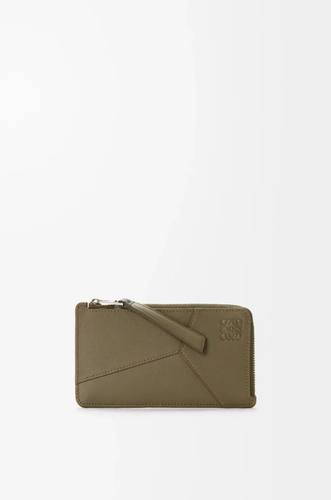 Puzzle langer Kartenhalter aus klassischem Kalbsleder Dunkelkhaki