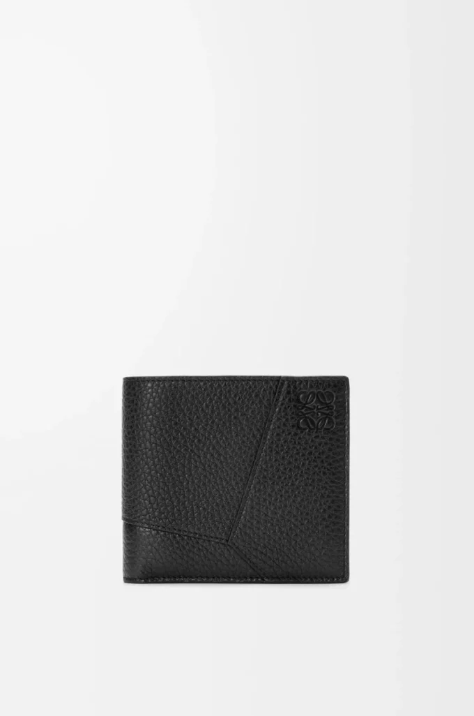 Puzzle-Münzfach-Bifold-Geldbörse aus geschmeidigem genarbtem Kalbsleder Schwarz