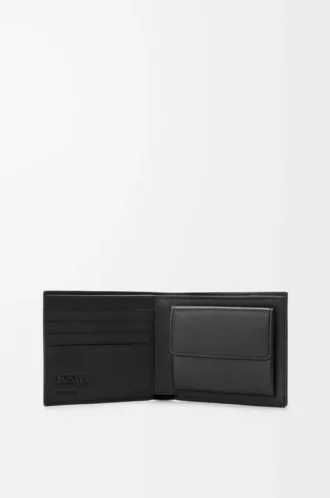 Puzzle-Münzfach-Bifold-Geldbörse aus geschmeidigem genarbtem Kalbsleder Schwarz