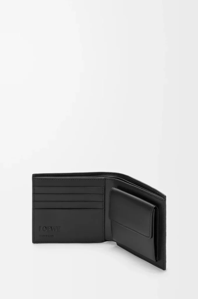 Puzzle-Münzfach-Bifold-Geldbörse aus geschmeidigem genarbtem Kalbsleder Schwarz