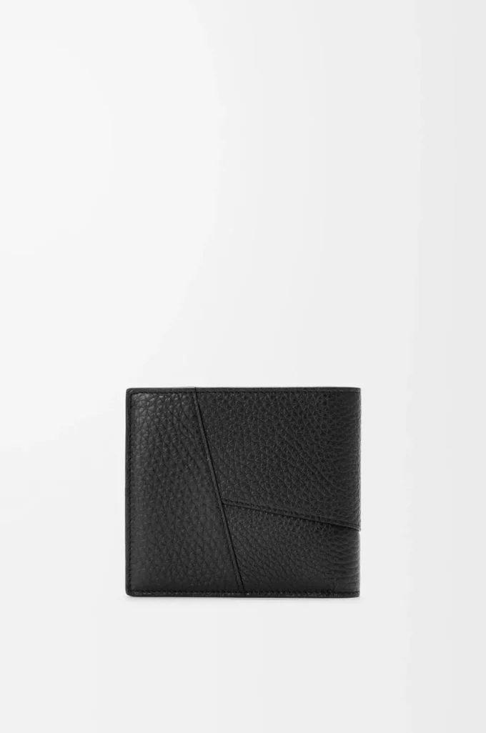 Puzzle-Münzfach-Bifold-Geldbörse aus geschmeidigem genarbtem Kalbsleder Schwarz