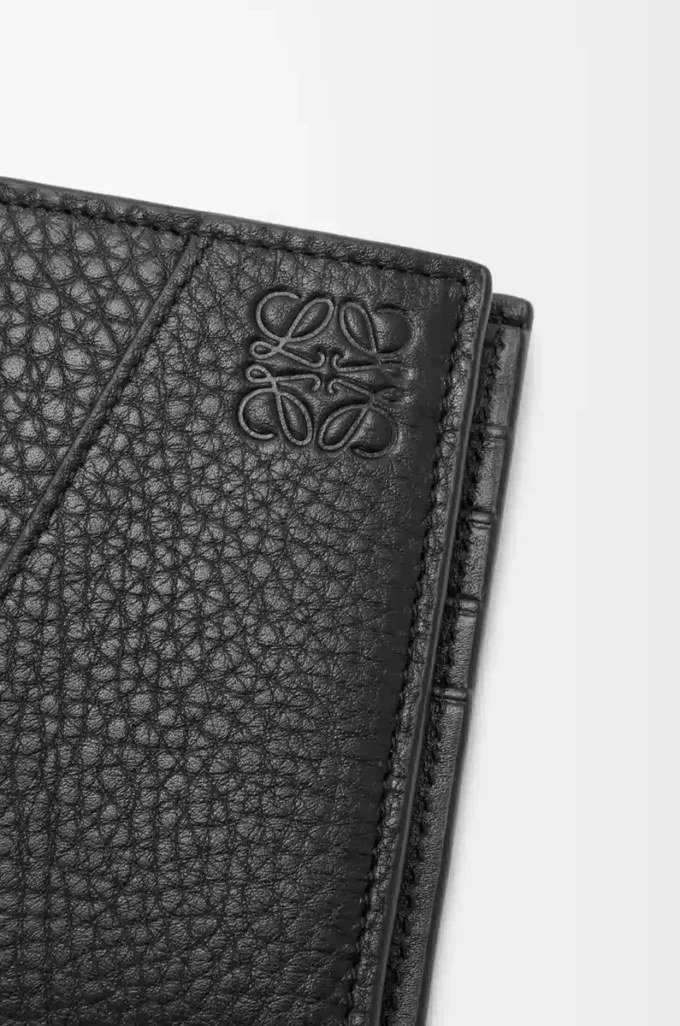 Puzzle-Münzfach-Bifold-Geldbörse aus geschmeidigem genarbtem Kalbsleder Schwarz