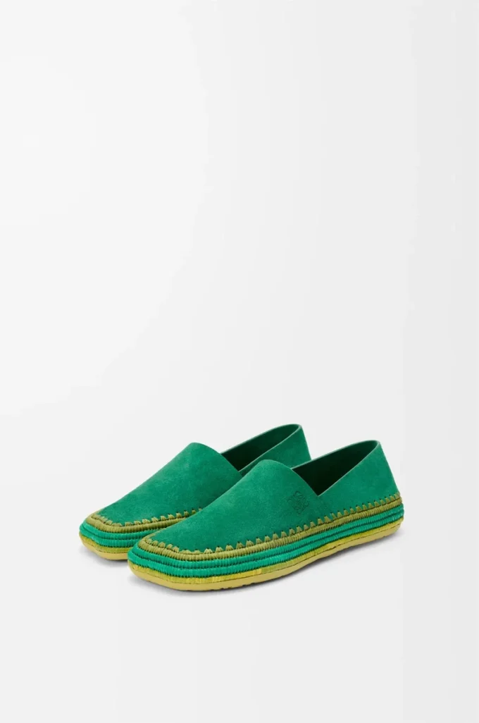 Rio Slipper aus Wildleder und Raffia Grün