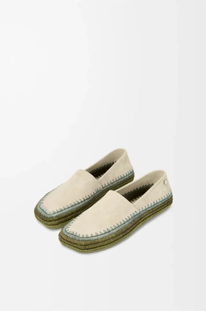 Rio Slipper aus Wildleder und Raffia Hellgrau