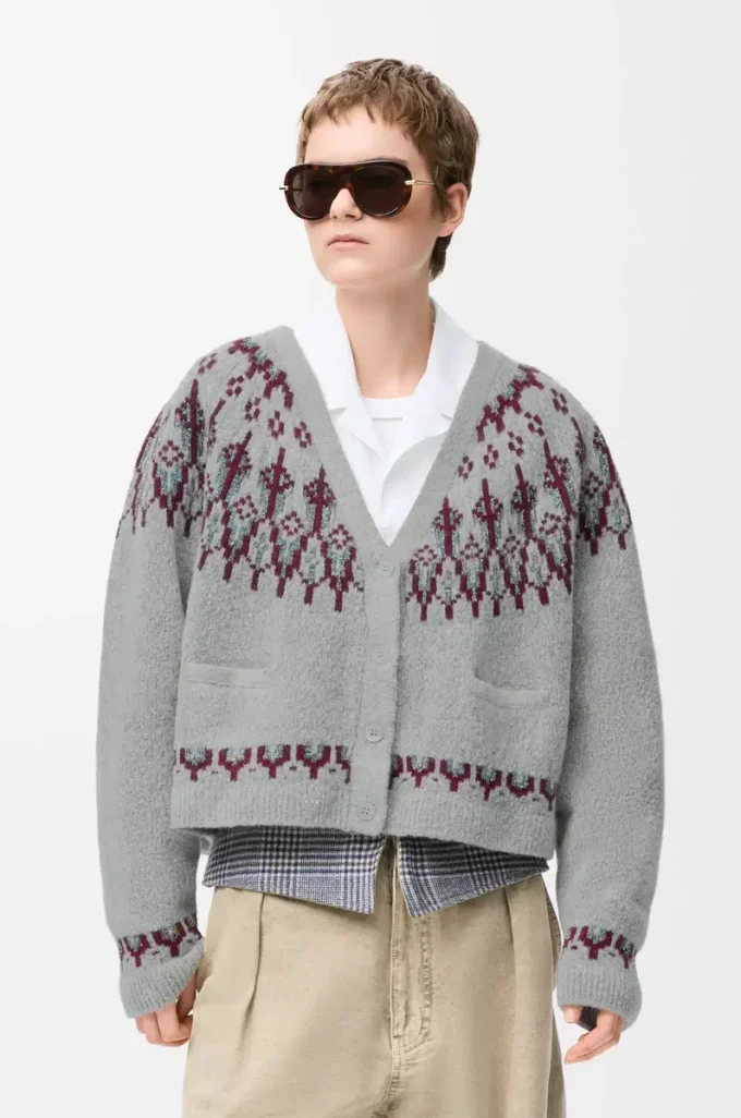 Strickjacke aus Wollmischung Hellgrau/Mehrfarbig