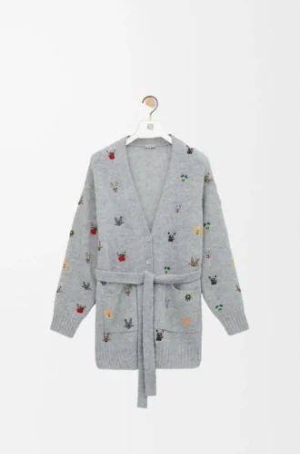 Strickjacke mit Gürtel aus Wolle in Grau/Mehrfarbig