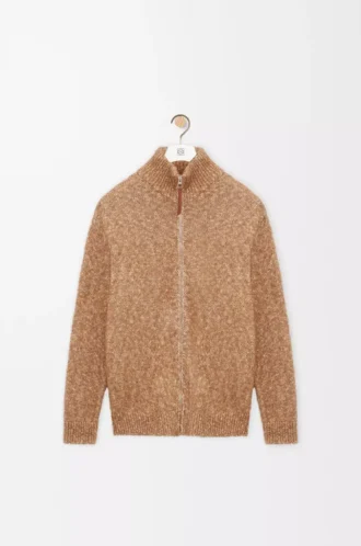Strickjacke mit Reißverschluss aus Baumwolle, Leinen und Wolle Beige