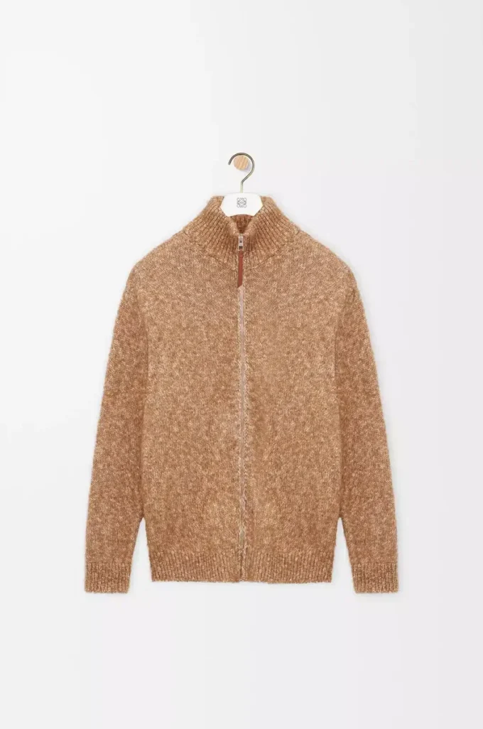 Strickjacke mit Reißverschluss aus Baumwolle, Leinen und Wolle Beige