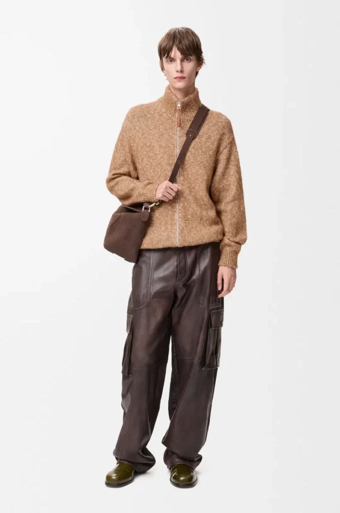 Strickjacke mit Reißverschluss aus Baumwolle, Leinen und Wolle Beige