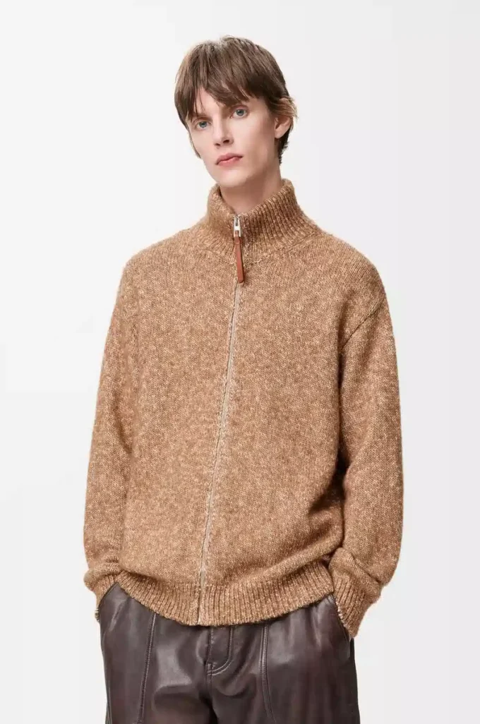 Strickjacke mit Reißverschluss aus Baumwolle, Leinen und Wolle Beige