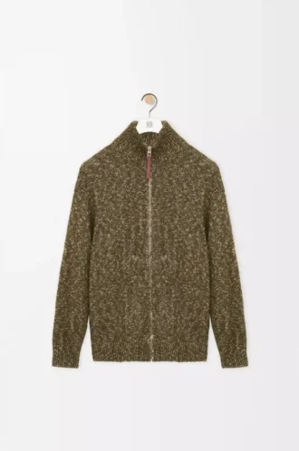Strickjacke mit Reißverschluss aus Baumwolle, Leinen und Wolle Khaki-Grün