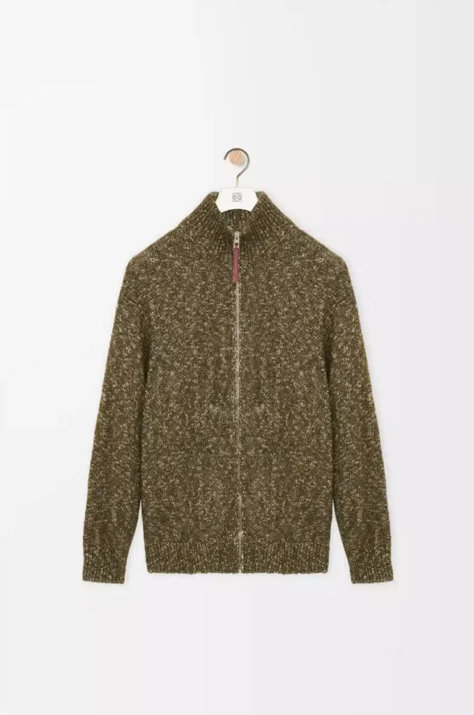 Strickjacke mit Reißverschluss aus Baumwolle, Leinen und Wolle Khaki-Grün