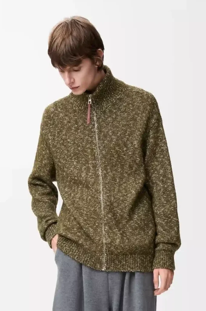 Strickjacke mit Reißverschluss aus Baumwolle, Leinen und Wolle Khaki-Grün