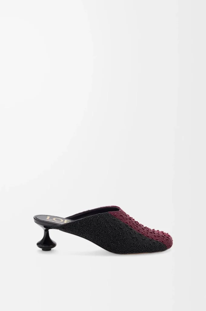 Toy Pantolette aus besticktem Canvas Schwarz/Dunkelburgunder