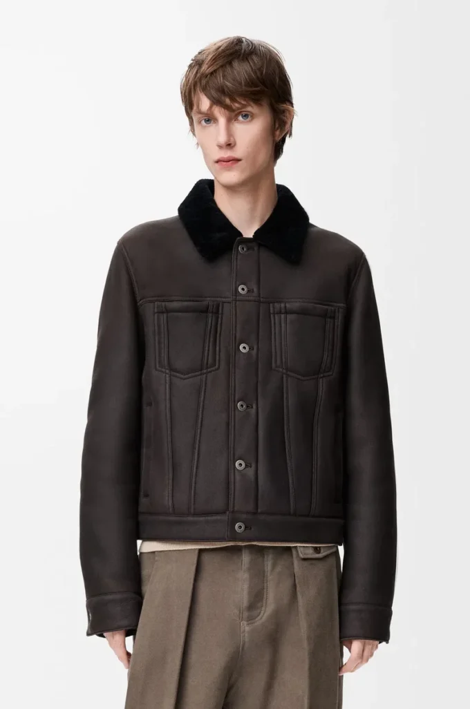 Truckerjacke aus Lammfell Braun/Marineblau