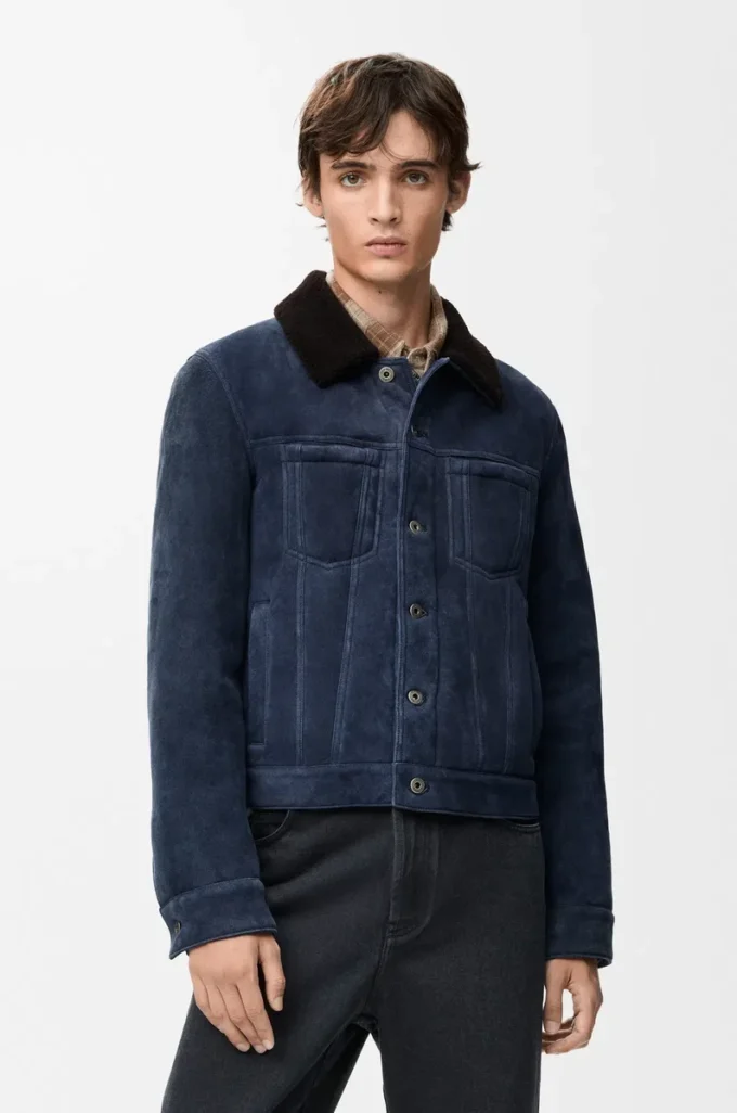 Truckerjacke aus Lammfell Marineblau/Braun
