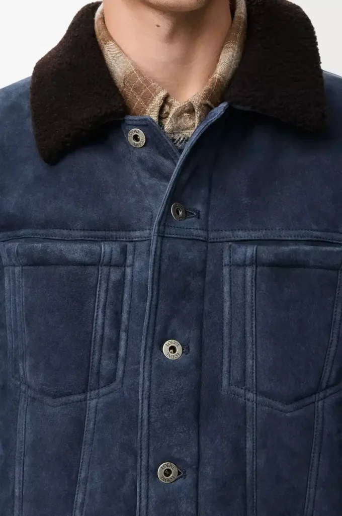 Truckerjacke aus Lammfell Marineblau/Braun