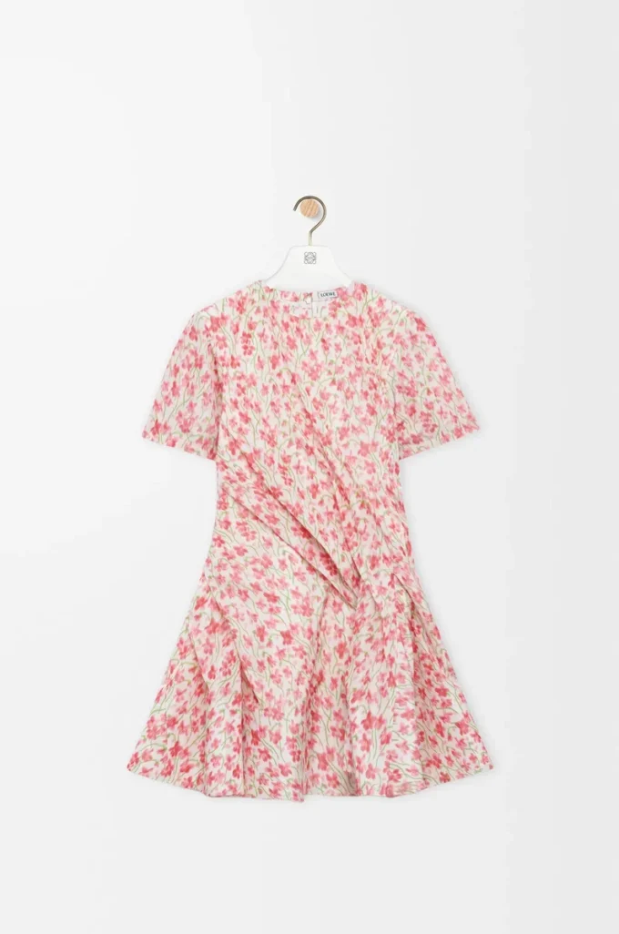 Twistkleid aus Seidenmisch-Taft Weiß/Rosa