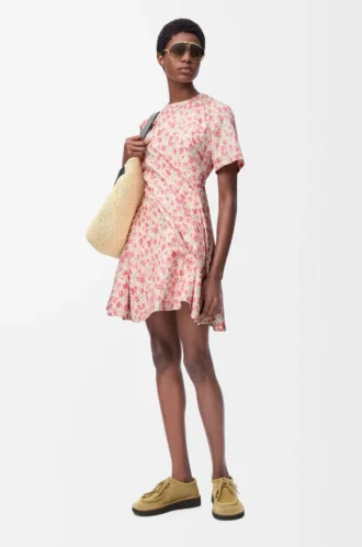 Twistkleid aus Seidenmisch-Taft Weiß/Rosa