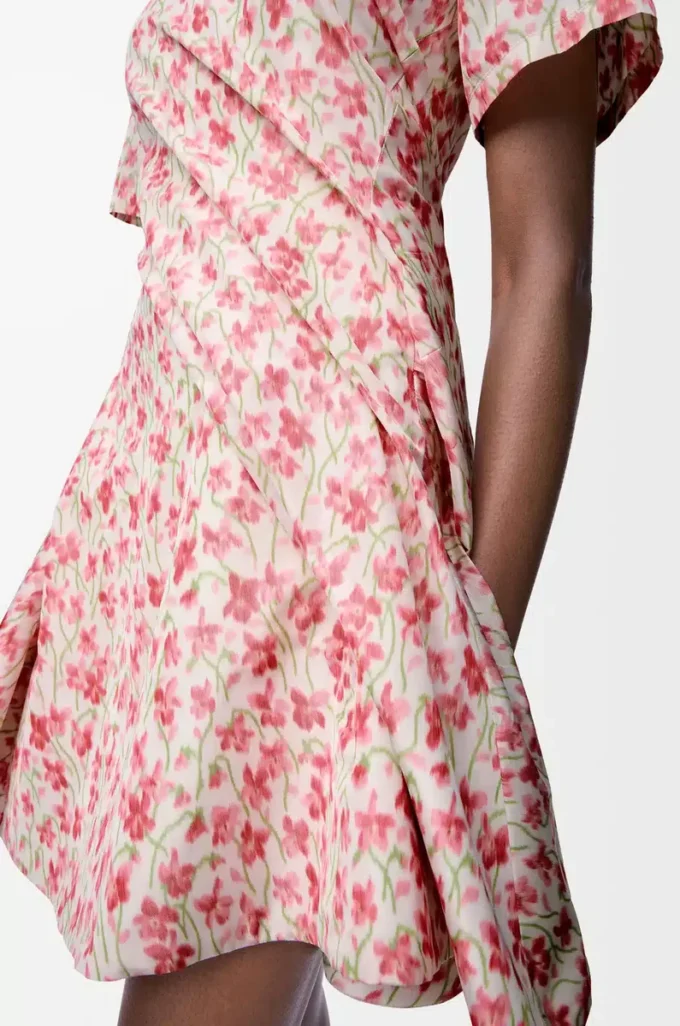 Twistkleid aus Seidenmisch-Taft Weiß/Rosa