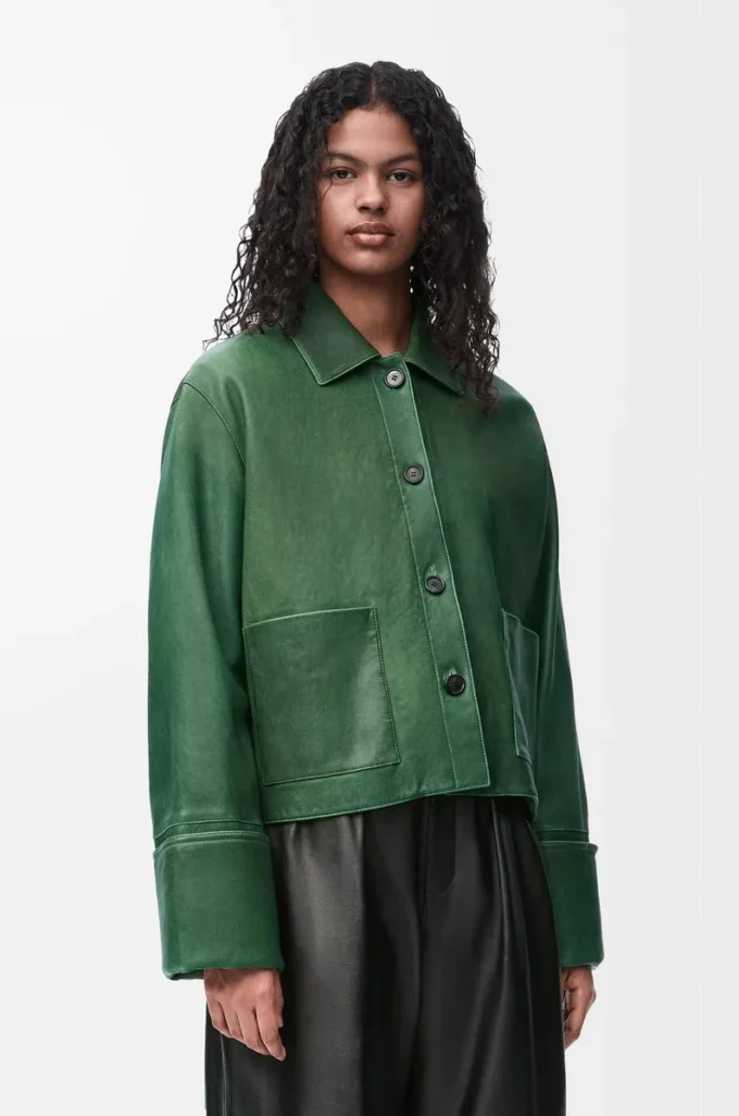 Umgeschlagene Jacke aus Nappa-Lammleder Dunkelgrün
