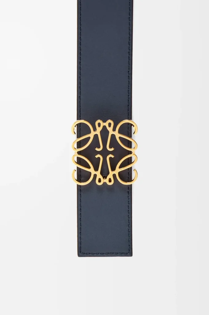 Wendbarer Anagram-Gürtel aus glattem Kalbsleder Schwarz/Ozeanblau/Gold