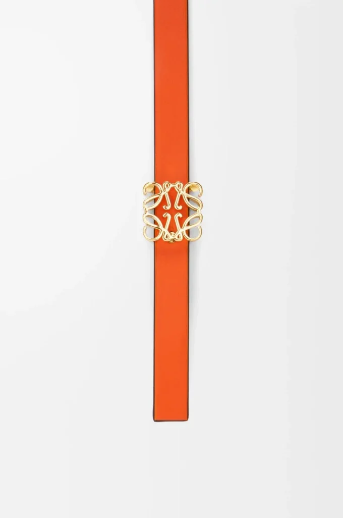 Wendbarer Anagram-Würfelgürtel aus glattem Kalbsleder in Lehmgrün/Leuchtendem Orange/Gold
