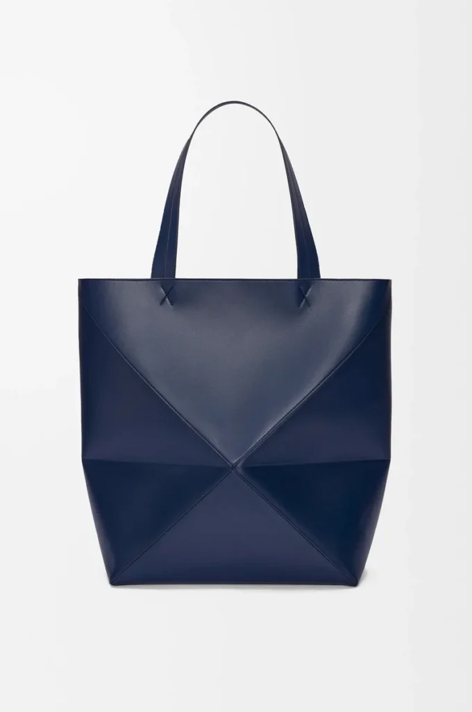 XL Puzzle Fold Tasche aus glänzendem Kalbsleder in Abyss Blue