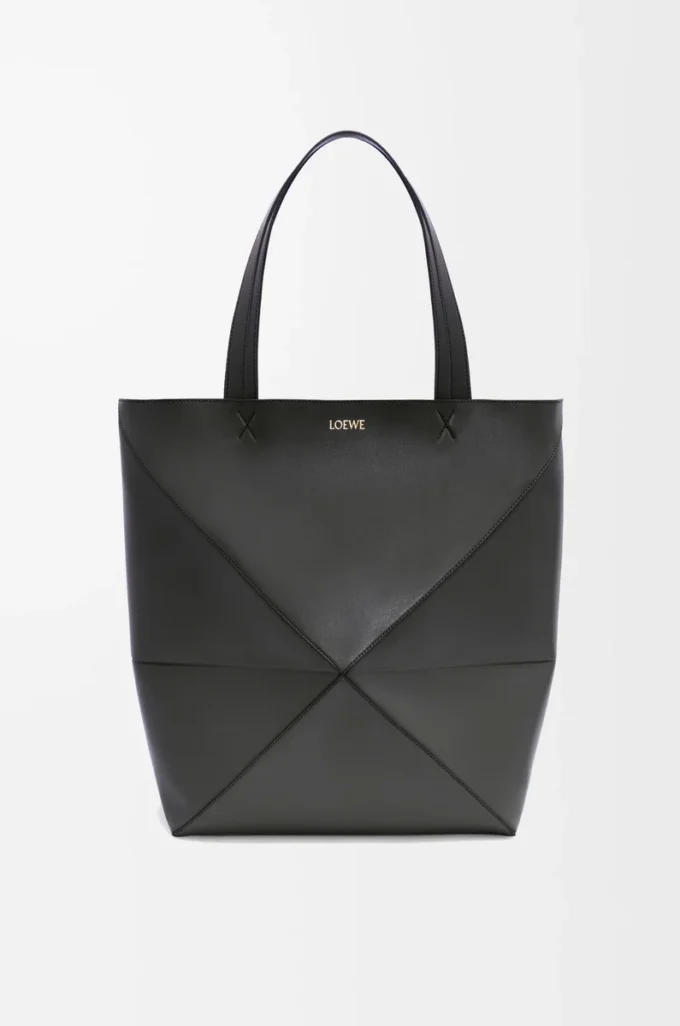 XL Puzzle Fold Tasche aus glänzendem Kalbsleder in Schwarz